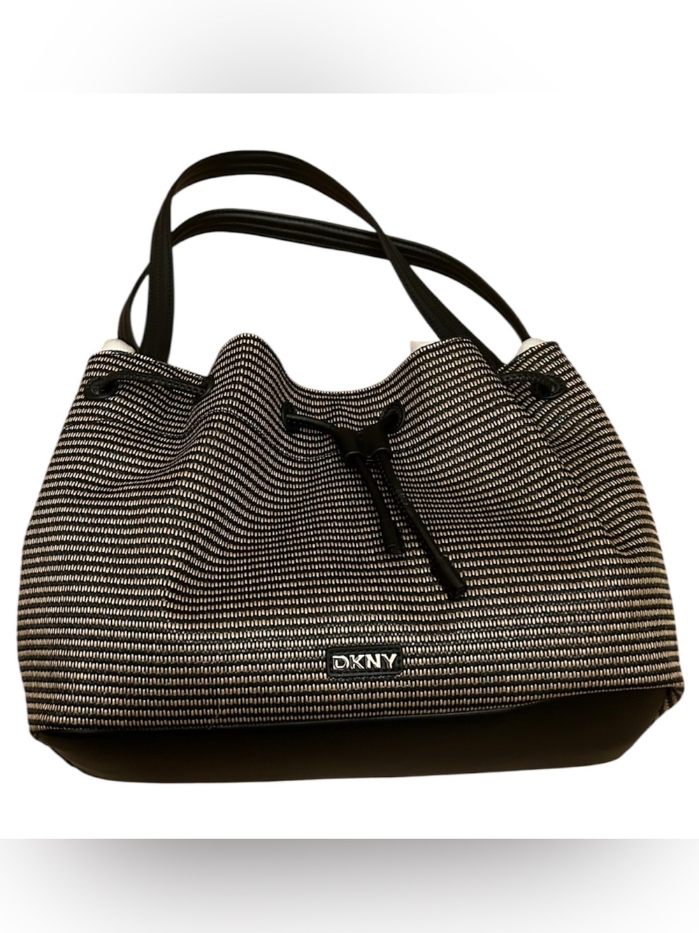 DKNY Black and White Striped Drawstring Shoulder Bag